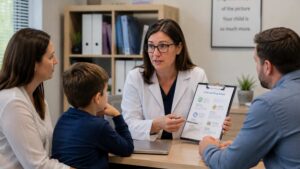 A-clinician-explaining-to-parents-how-is-autism-diagnosed