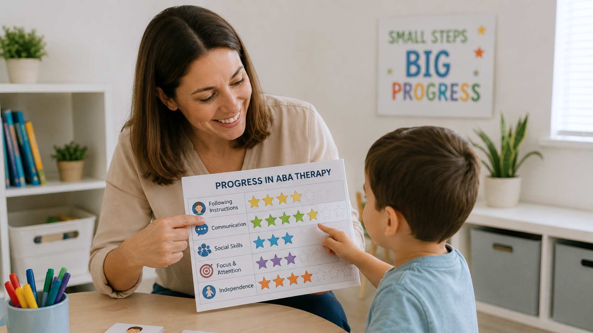 ABA therapist shows a young boy his star-rated progress chart tracking skills like communication and social skills, celebrating progress in ABA therapy