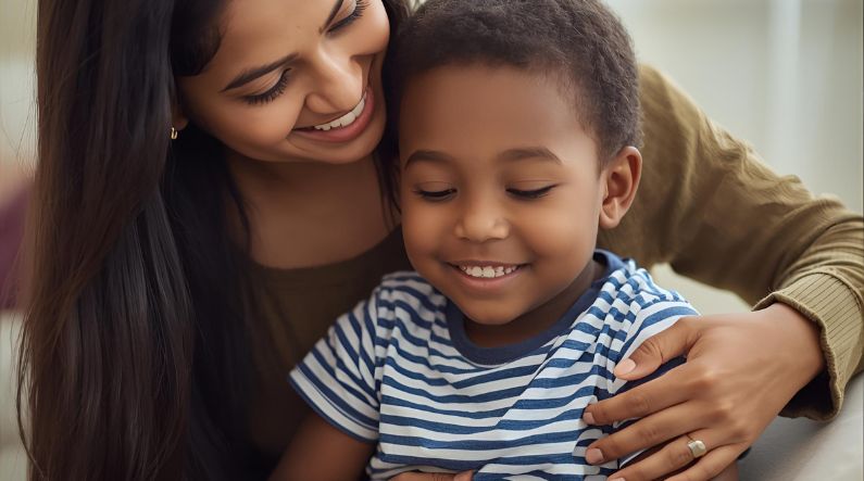 A mother warmly embraces her smiling child, symbolizing compassionate, expert ABA care that supports mental health in autism. The image reflects emotional well-being, understanding, and authentic support for children with autism and mental health challenges
