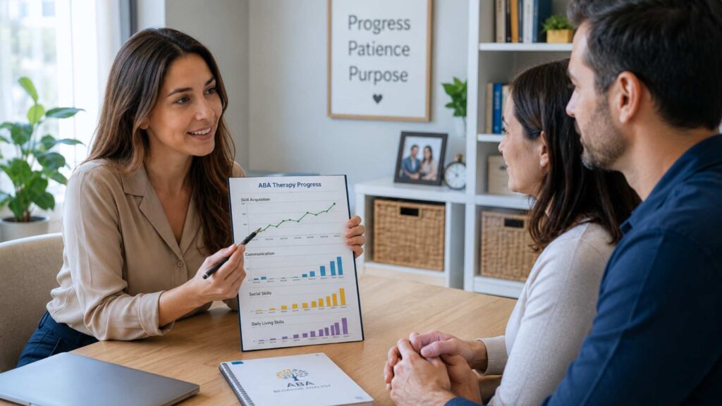 BCBA presents an ABA therapy progress chart to parents during a meeting, discussing therapy goals and progress in her office