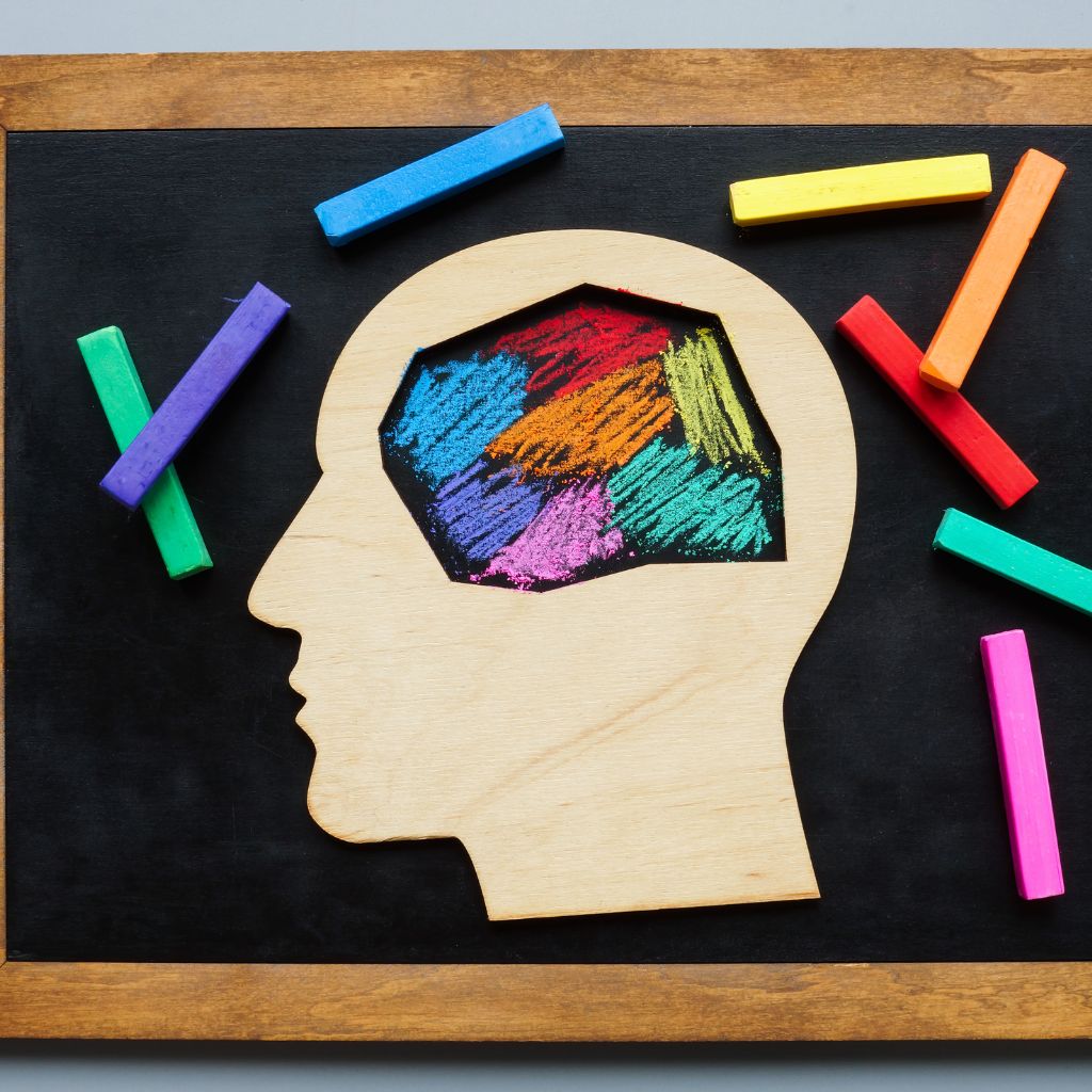 Blackboard with colorful pencils and a brain illustration