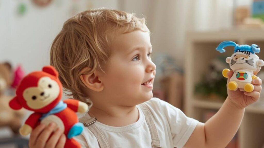 Toddler holding up two small toys and choosing between them during playtime, illustrating choice-making and decision-making in ABA to help children with autism feel more in control and increase buy-in.
