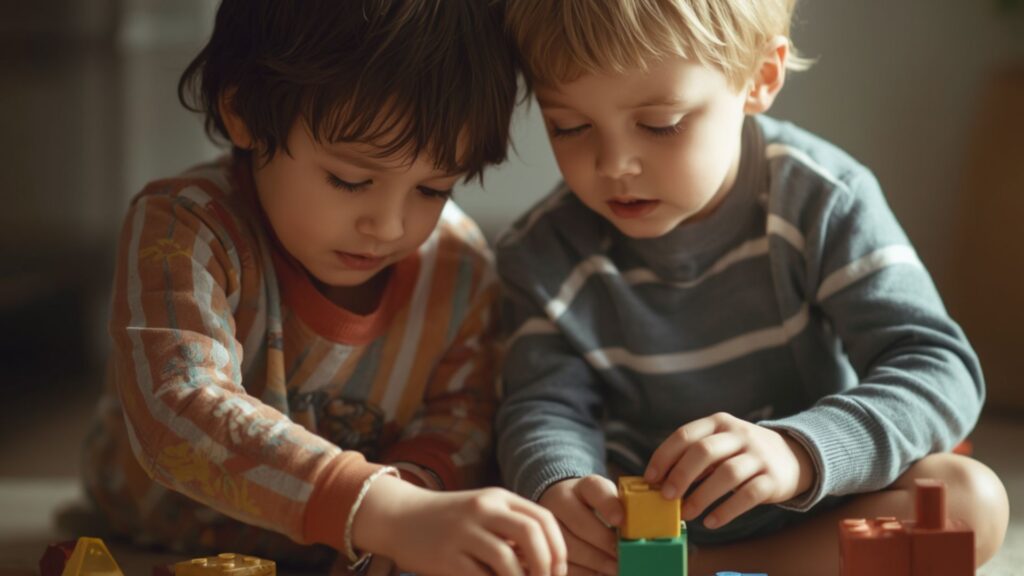 Two toddlers focused on building blocks, illustrating play behavior linked to signs of autism in 2-year-olds