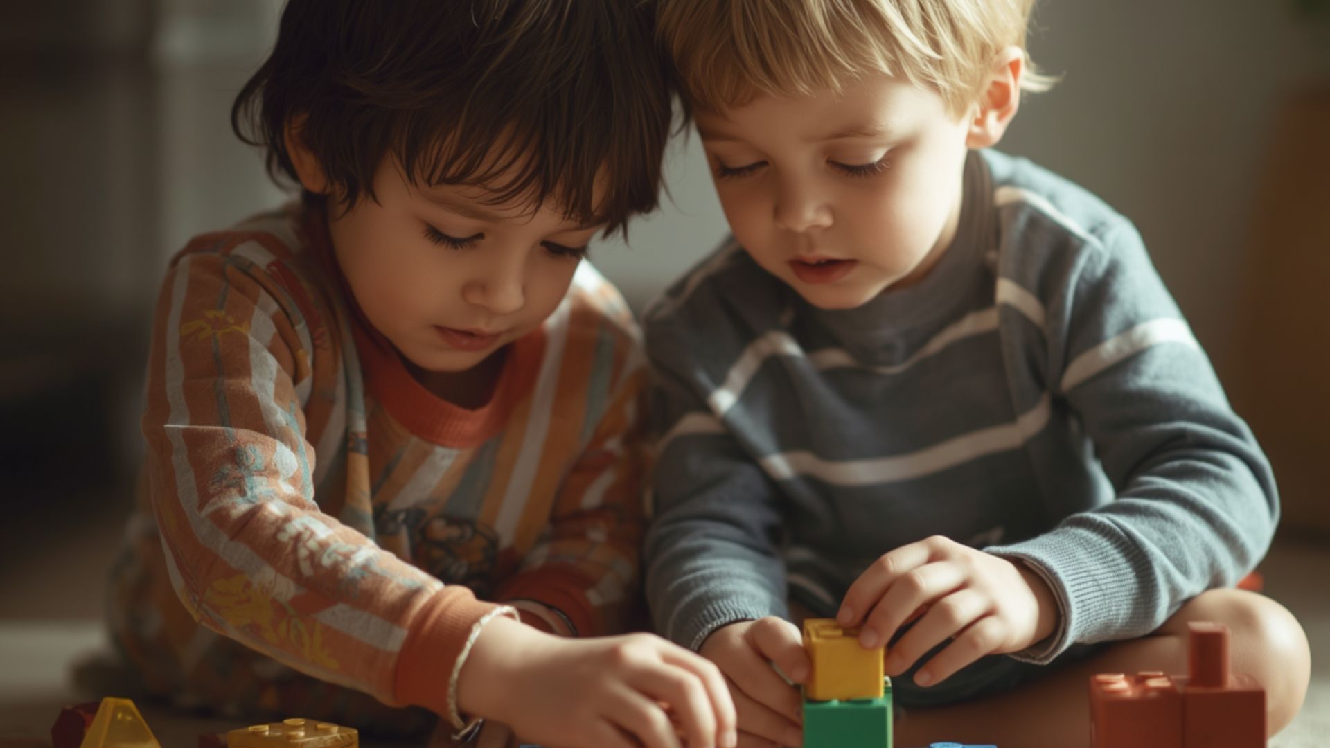 Two toddlers focused on building blocks, illustrating play behavior linked to signs of autism in 2-year-olds