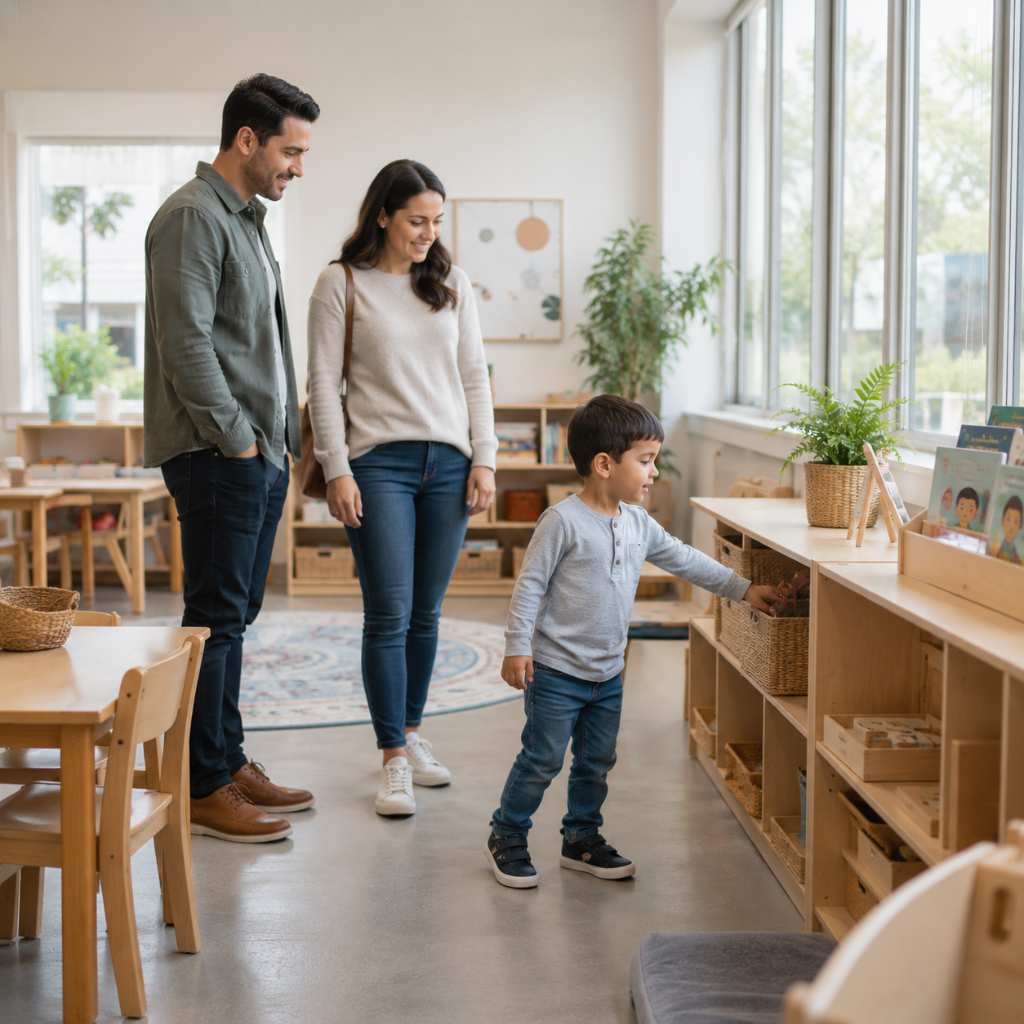 Family visiting a preschool classroom before the first day of school illustrating preparing children with autism for preschool