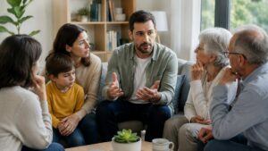 Father explains autism to extended family members while sitting together in a living room, with his young son beside him, illustrating how to explain autism