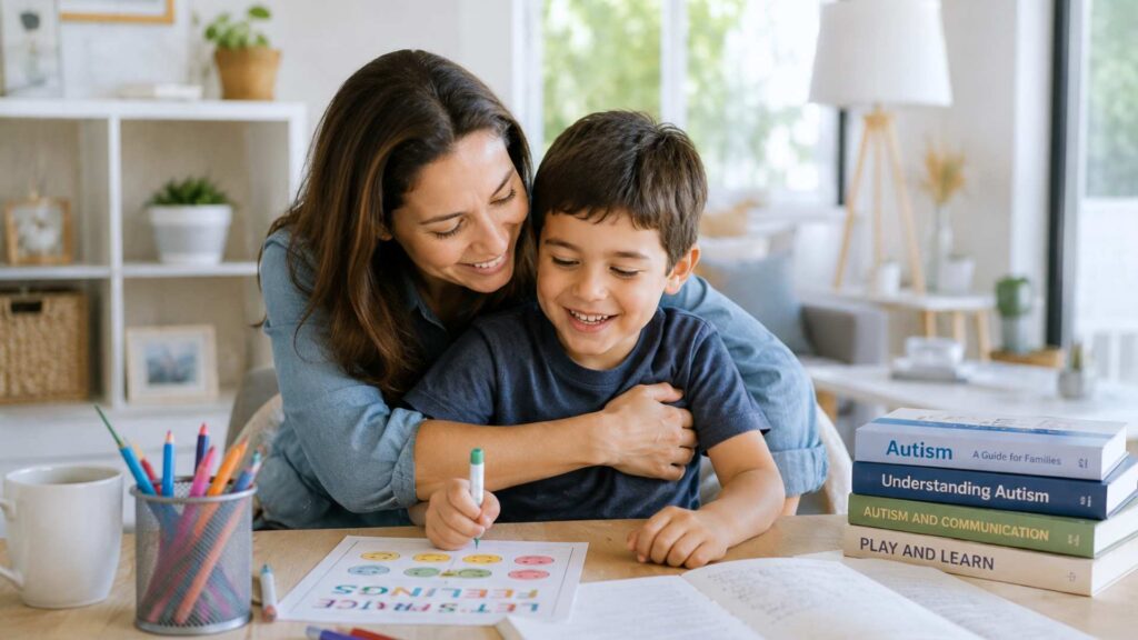Mother embraces her young son while he colors at a desk with autism resource books nearby, showing the warmth of parenting a child with autism