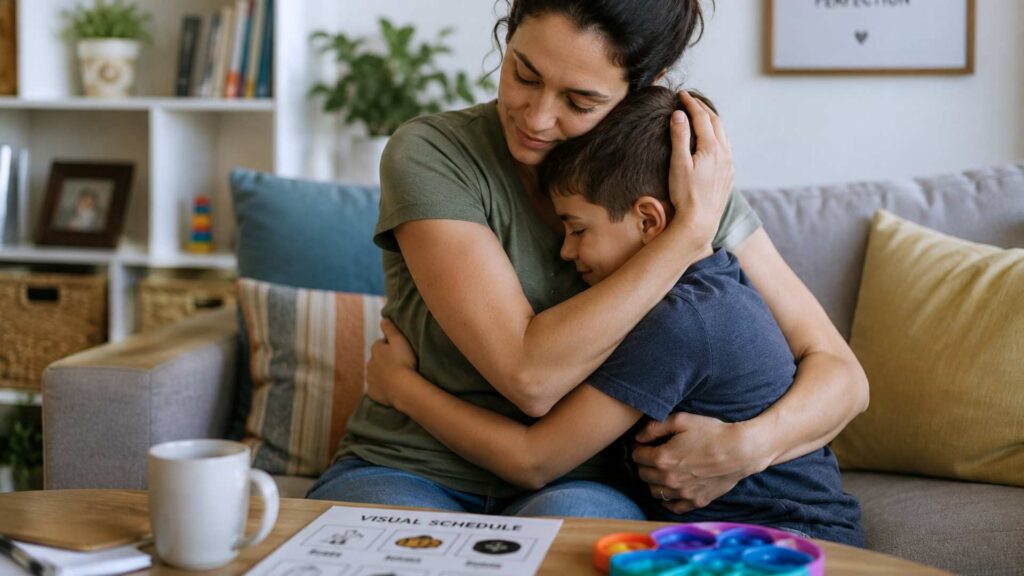 Mother lovingly embraces her young son on a couch at home, with a visual schedule and sensory toy on the table, reflecting the daily experience of raising a child with autism