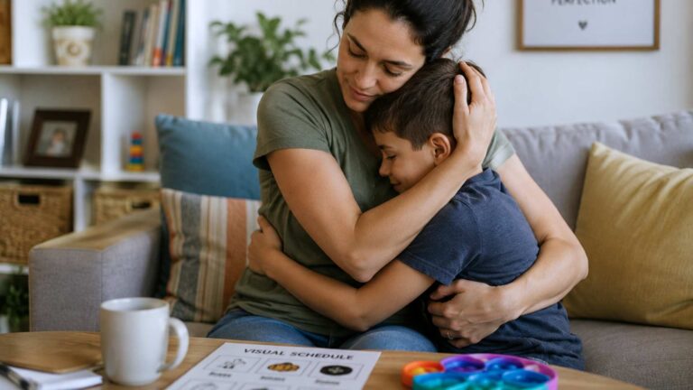 Mother lovingly embraces her young son on a couch at home, with a visual schedule and sensory toy on the table, reflecting the daily experience of raising a child with autism