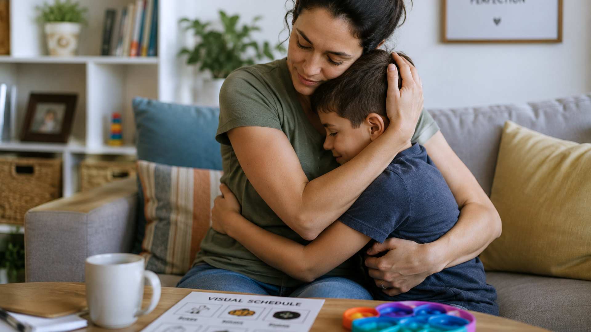 Mother lovingly embraces her young son on a couch at home, with a visual schedule and sensory toy on the table, reflecting the daily experience of raising a child with autism