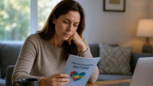 Mother reads an 'Understanding Autism' brochure at home, reflecting what parents wish they knew about autism diagnosis