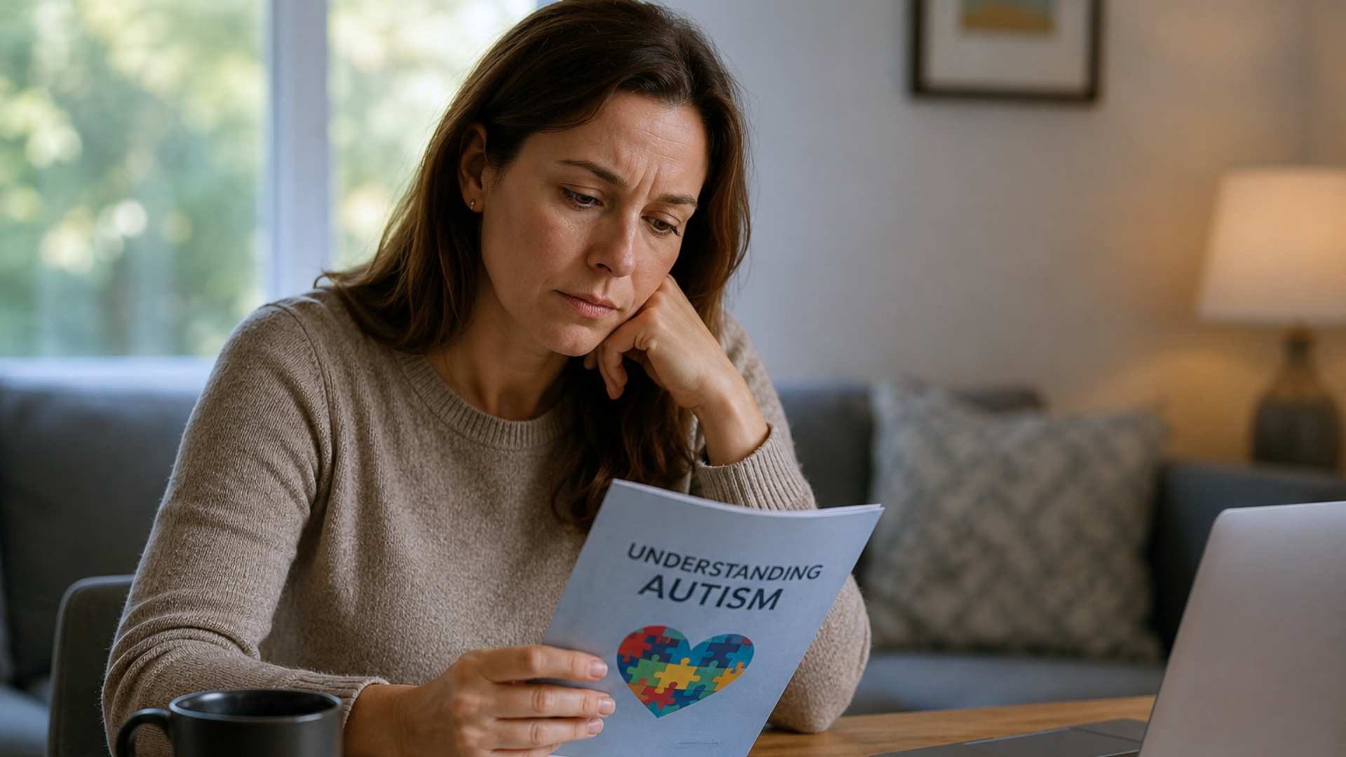 Mother reads an 'Understanding Autism' brochure at home, reflecting what parents wish they knew about autism diagnosis