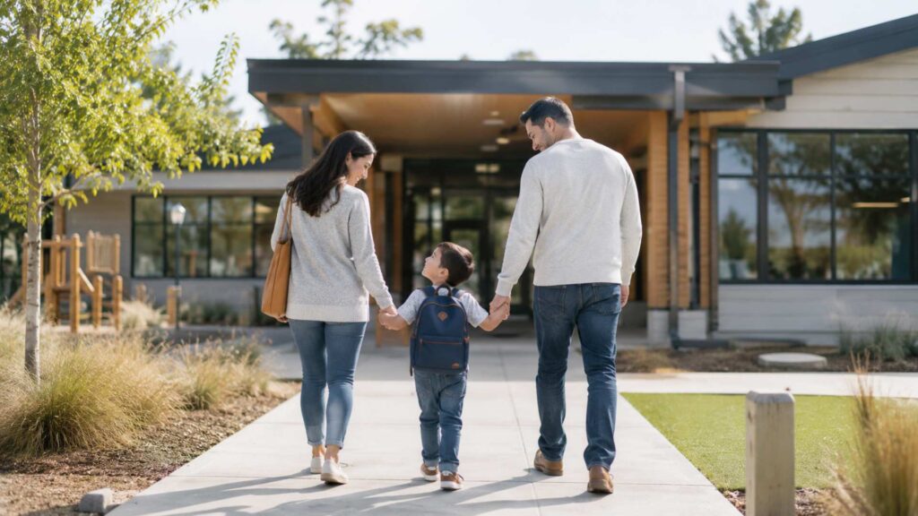 Parents walking their preschool-aged child to school on the first day with confidence and support