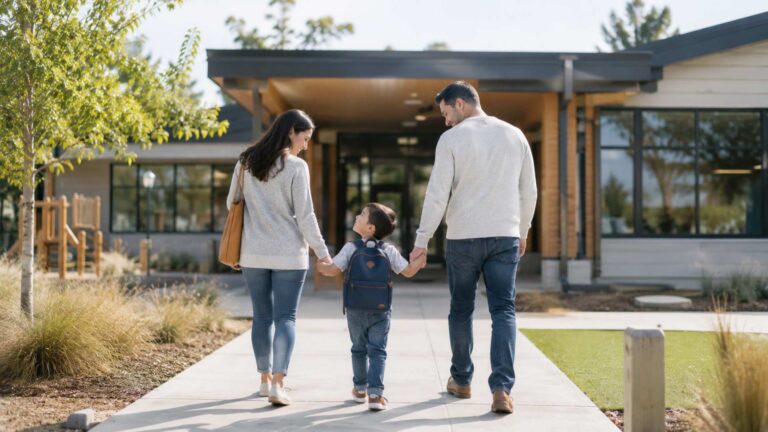 Parents walking their preschool-aged child to school on the first day with confidence and support