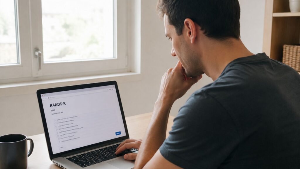 Person at a desk uses a laptop while taking the RAADS-R test.