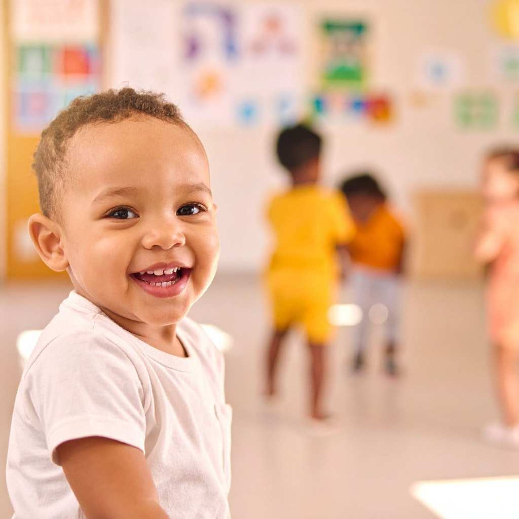 Young child smiling while other children play behind them in a classroom, highlighting growing social milestones.