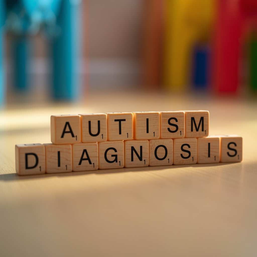 Stacked wooden letter blocks spelling out the words autism diagnosis on a smooth surface