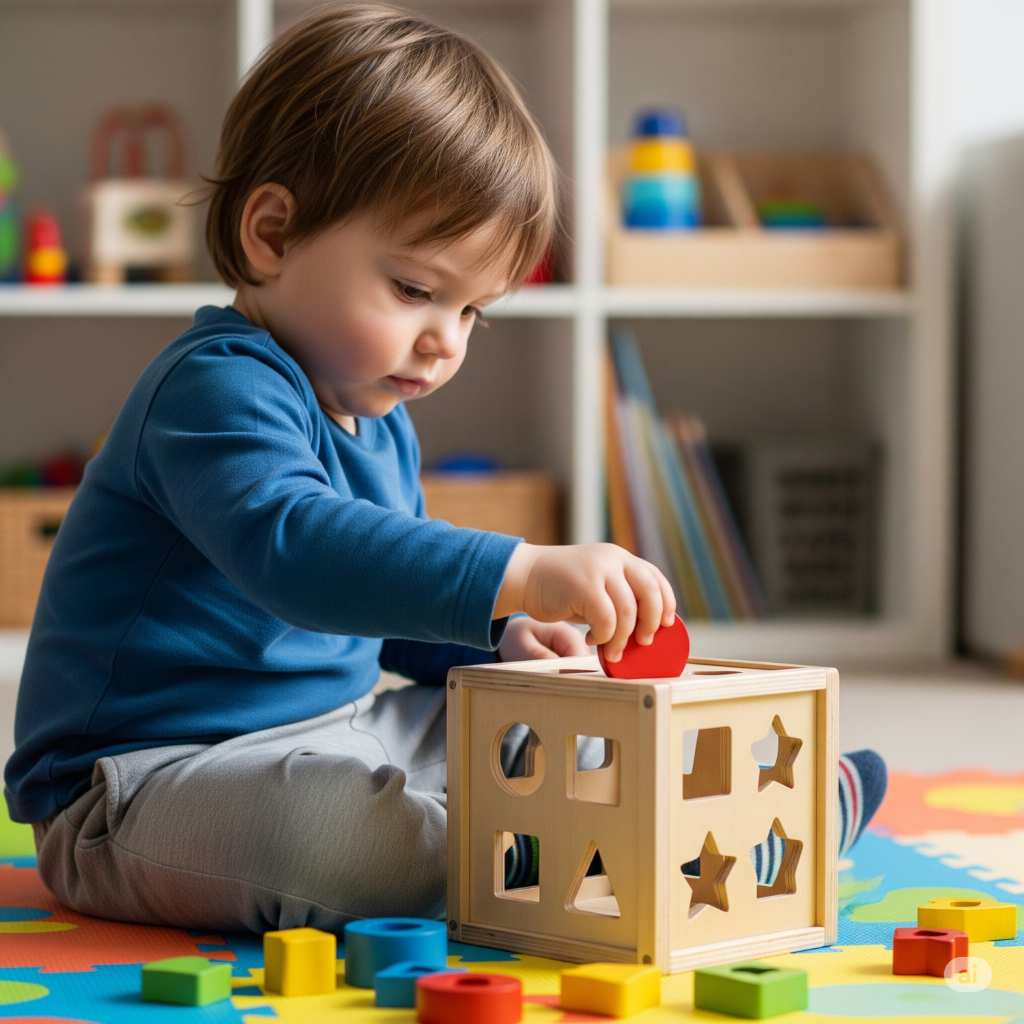 Twelve‑month‑old baby focused on a toy while showing limited eye contact