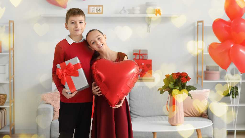 Valentine´s Day activities for autism with children holding a heart balloon and gift, creating an autism-friendly Valentine’s Day celebration.
