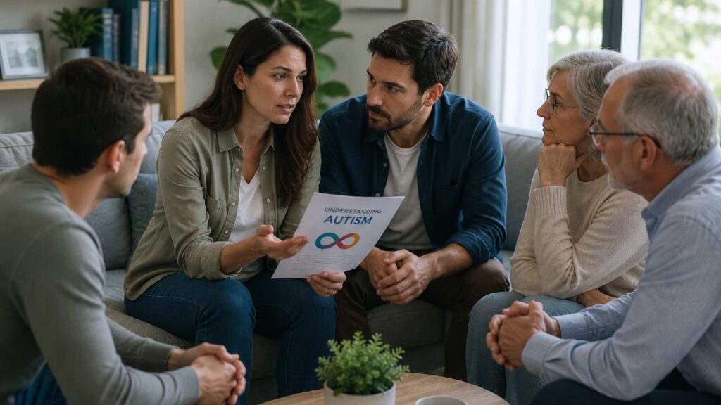 Woman holds an 'Understanding Autism' brochure while explaining autism to adults gathered on a couch in a living room