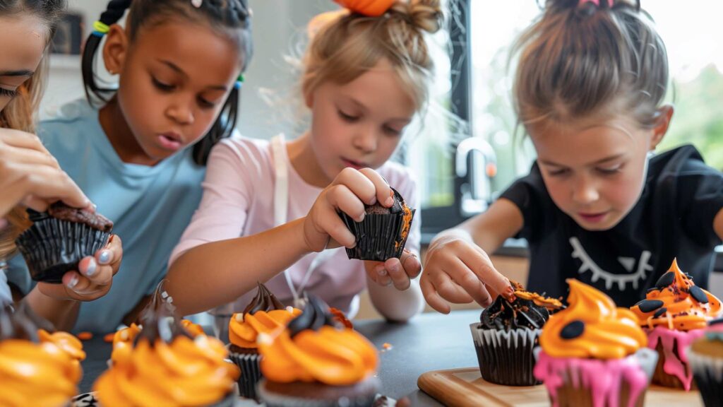kids decorating colorful Halloween cupcakes